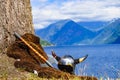 Viking helmet on fjord shore, Norway Royalty Free Stock Photo