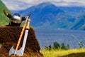 Viking helmet on fjord shore, Norway Royalty Free Stock Photo