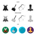 Viking in helmet with horns, mace, bow with arrow, treasure. Vikings set collection icons in black, flat, monochrome Royalty Free Stock Photo