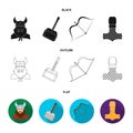 Viking in helmet with horns, mace, bow with arrow, treasure. Vikings set collection icons in black,flat,outline style Royalty Free Stock Photo