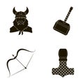 Viking in helmet with horns, mace, bow with arrow, treasure. Vikings set collection icons in black style vector symbol Royalty Free Stock Photo