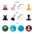 Viking in helmet with horns, mace, bow with arrow, treasure. Vikings set collection icons in cartoon,black,flat style Royalty Free Stock Photo