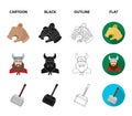Viking in helmet with horns, mace, bow with arrow, treasure. Vikings set collection icons in cartoon,black,outline,flat Royalty Free Stock Photo