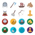 Viking in helmet with horns, mace, bow with arrow, treasure. Vikings set collection icons in cartoon,flat style vector Royalty Free Stock Photo