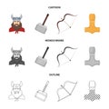 Viking in helmet with horns, mace, bow with arrow, treasure. Vikings set collection icons in cartoon,outline,monochrome Royalty Free Stock Photo