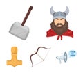 Viking in helmet with horns, mace, bow with arrow, treasure. Vikings set collection icons in cartoon style vector symbol Royalty Free Stock Photo