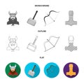 Viking in helmet with horns, mace, bow with arrow, treasure. Vikings set collection icons in flat,outline,monochrome Royalty Free Stock Photo