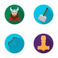 Viking in helmet with horns, mace, bow with arrow, treasure. Vikings set collection icons in flat style vector symbol Royalty Free Stock Photo