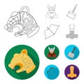 Viking in helmet with horns, mace, bow with arrow, treasure. Vikings set collection icons in outline,flat style vector Royalty Free Stock Photo