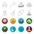 Viking in helmet with horns, mace, bow with arrow, treasure. Vikings set collection icons in outline,flat style vector Royalty Free Stock Photo