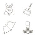 Viking in helmet with horns, mace, bow with arrow, treasure. Vikings set collection icons in outline style vector symbol Royalty Free Stock Photo