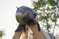 Viking helmet at tent camp Royalty Free Stock Photo