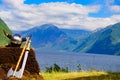 Viking helmet on fjord shore, Norway Royalty Free Stock Photo