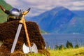 Viking helmet on fjord shore, Norway Royalty Free Stock Photo