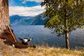 Viking helmet and weapons on fjord shore, Norway Royalty Free Stock Photo