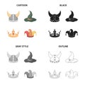 Viking helmet, wizard`s hat, crown, jester`s cap. Hats set collection icons in cartoon black monochrome outline style Royalty Free Stock Photo