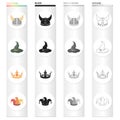 Viking helmet, wizard`s hat, crown, jester`s cap. Hats set collection icons in cartoon black monochrome outline style Royalty Free Stock Photo