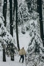 Viking hunter in pelt walking in snow winter forest with steel a