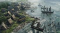 Viking Invasion: Aerial Perspective of Coastal Village Assault
