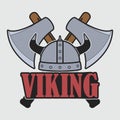 Viking logo with helmet and crossed axes. Clothes design, print