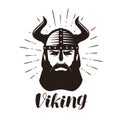 Viking logo or label. Portrait of bearded man in helmet with horns. Vector illustration