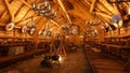 Viking long house interior with fire pit, wooden tables of food and drink and shields hanging on the walls. 3D rendering