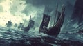 Viking longboats in a stormy sea Royalty Free Stock Photo