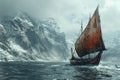 Viking longship navigating icy waters depicted with a Norse art style and cold