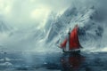 Viking longship navigating icy waters depicted with a Norse art style and cold