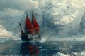 Viking longship navigating icy waters depicted with a Norse art style and cold