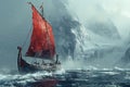 Viking longship navigating icy waters depicted with a Norse art style and cold