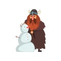 Viking making a snowman, comic medieval cartoon character vector Illustration