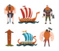 Viking Male Character with Weapons and Drakkar Ship or Boat Vector Set Royalty Free Stock Photo