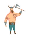 Viking man with horned helmet and axe. Bearded men warrior or hero of scandinavian legends. Cartoon barbarian history Royalty Free Stock Photo