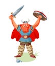 Viking man with sword and shield winning. Medieval Norway people and mythology vector illustration. Angry scary man with