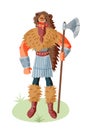 Viking man with weapon in bear skin. Medieval Norway people and mythology vector illustration. Angry scary man with