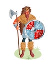 Viking man with weapon and shield in bear skin. Medieval Norway people and mythology vector illustration. Angry scary