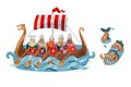 Viking men traveling in ship in sea. Medieval Norway people sailing in water with monster vector illustration. Men with