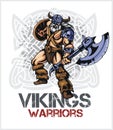 Viking norseman mascot cartoon with ax and shield