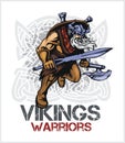 Viking norseman mascot cartoon with ax and sword