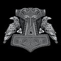 Viking Old Celtic Scandinavian design. Hammer of God Thor, two Ravens and Celtic patterns drawn in vintage retro style
