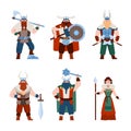 Viking people men and women characters set, flat vector illustration isolated.