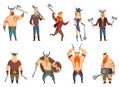 Viking people set with horned helmet, axe, sword and shield, knife, mace or hammer. Bearded men warriors, heroes of