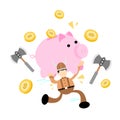 barbarian viking and pig bank money cartoon doodle flat design vector illustration