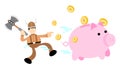 barbarian viking and pig bank money cartoon doodle flat design vector illustration