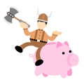 barbarian viking and pig bank money cartoon doodle flat design style