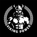 Viking power. Emblem with a silhouette of a warrior a dark background. Vector illustration. Royalty Free Stock Photo