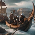 Viking raid, Fierce Viking warriors raiding a coastal village with longships and battle cries3