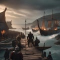 Viking raid, Fierce Viking warriors raiding a coastal village with longships and battle cries2