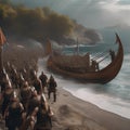 Viking raid, Fierce Viking warriors raiding a coastal village with longships and battle cries5